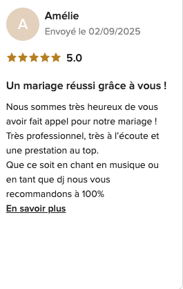 Capture de l’avis de Amélie sur Mariages.net, noté 5 sur 5