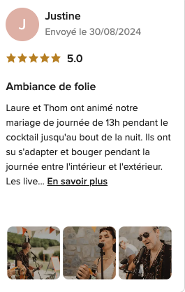 Capture de l’avis de Justine sur Mariages.net, noté 5 sur 5