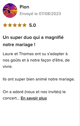Capture de l’avis de Pion sur Mariages.net, noté 5 sur 5
