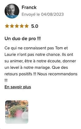 Capture de l’avis de Franck sur Mariages.net, noté 5 sur 5