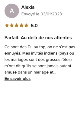 Capture de l’avis de Alexia sur Mariages.net, noté 5 sur 5